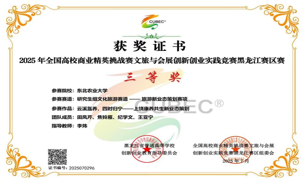 经济管理学院专业学位教育中心研究生团队斩获2025年全国高校商业精英挑战赛文旅创新竞赛黑龙江省三等奖